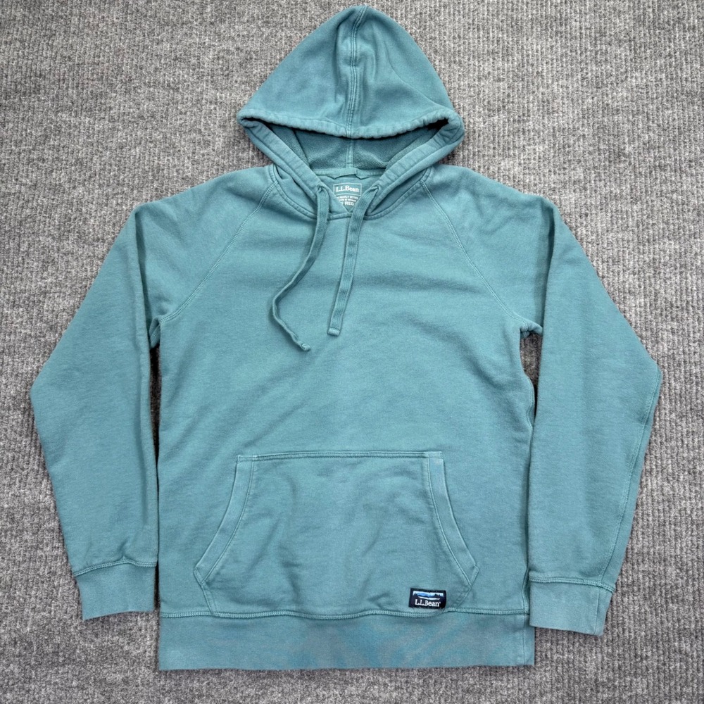 LL Bean Mens Slightly Fitted Pullover Hoodie Teal Blue Raglan Sweatshirt Small